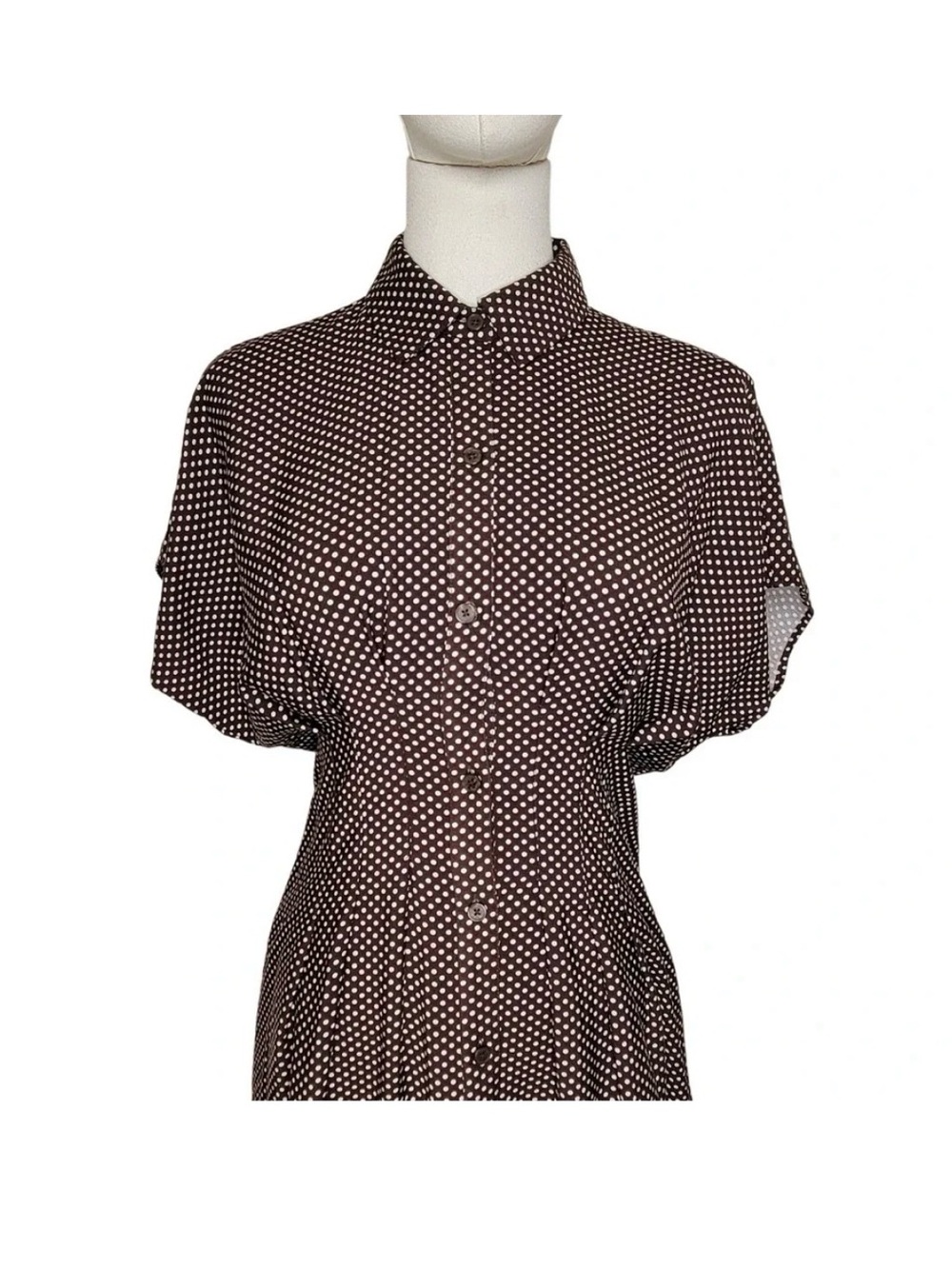 Pindot Pleated Midi Pocket Shirtdress Brown & White Large - Picture 4 of 5